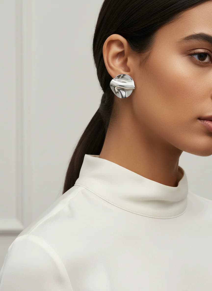 Modern Dalgalı Gümüş Rengi Metal Küpe