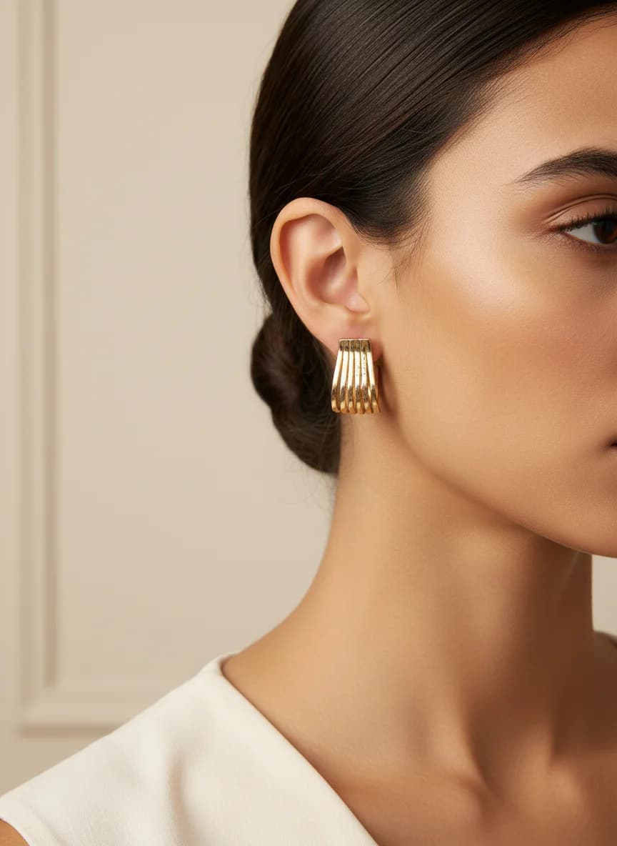 Modern Çizgili Altın Renk Halka Küpe - Şık Kadın Takı