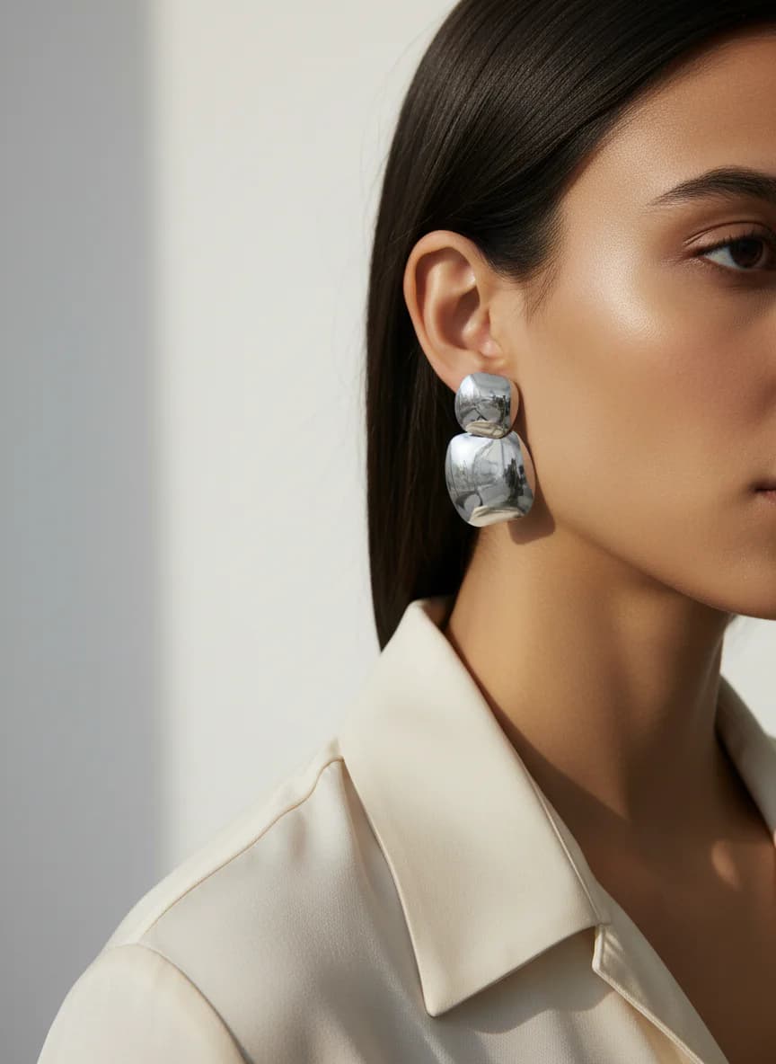 Parlak Gümüş Tonlu Modern Sallantılı Küpe