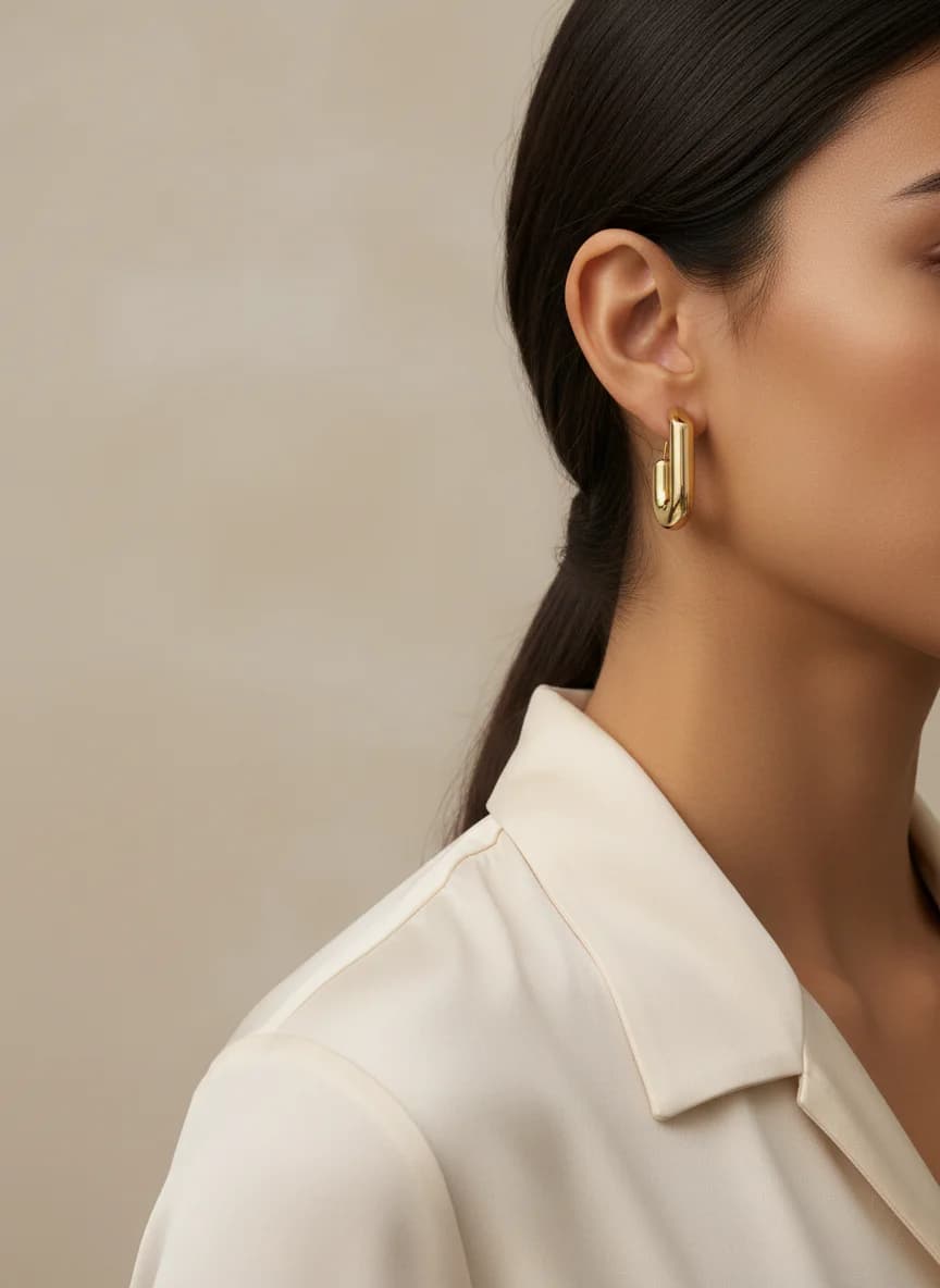 Parlak Altın Rengi J Formunda Kalın Küpe