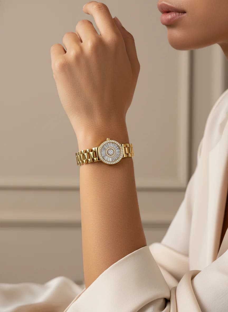 Altın Rengi Saat Kordonu Tasarımlı Zirkon Taşlı Bileklik
