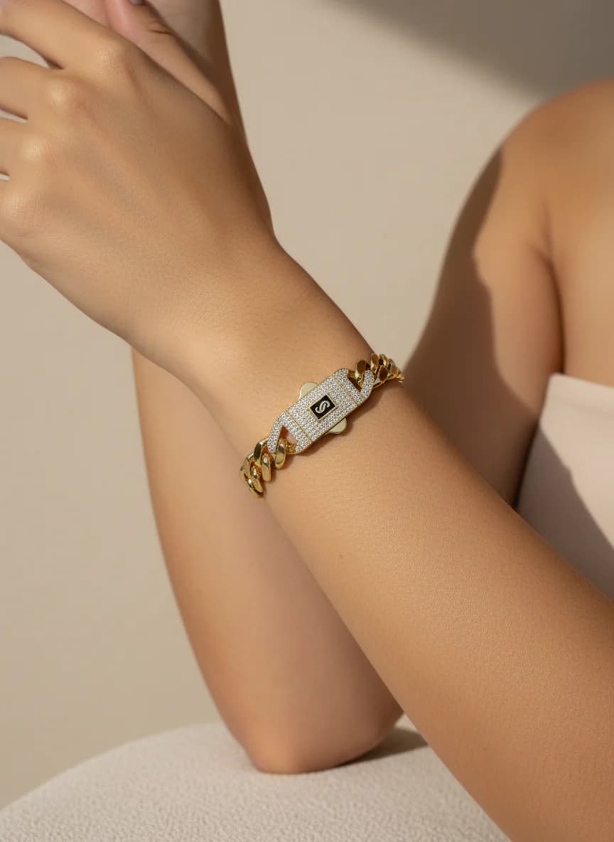 Altın Küba Zincir Taşlı 'S' Harfli kadın Bileklik