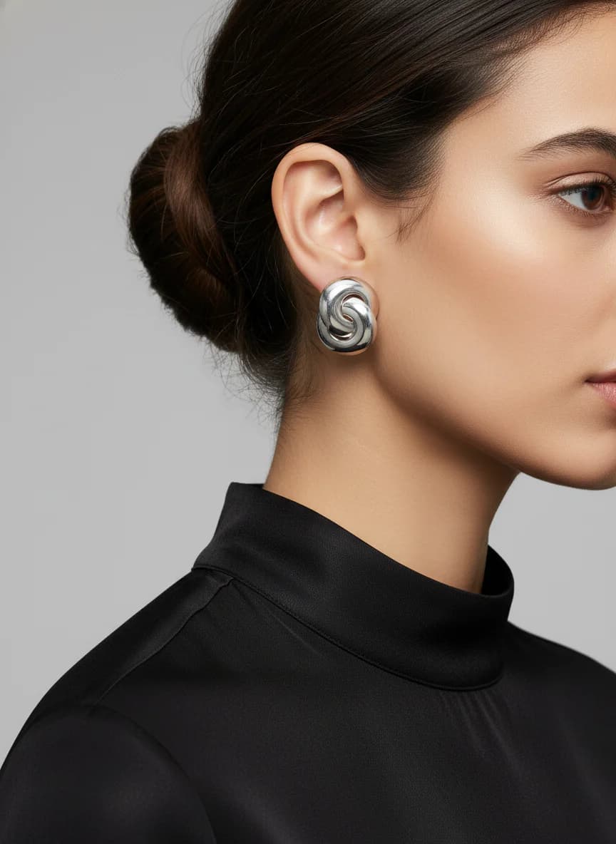 Parlak Gümüş Rengi Modern Burgu Düğüm Küpe