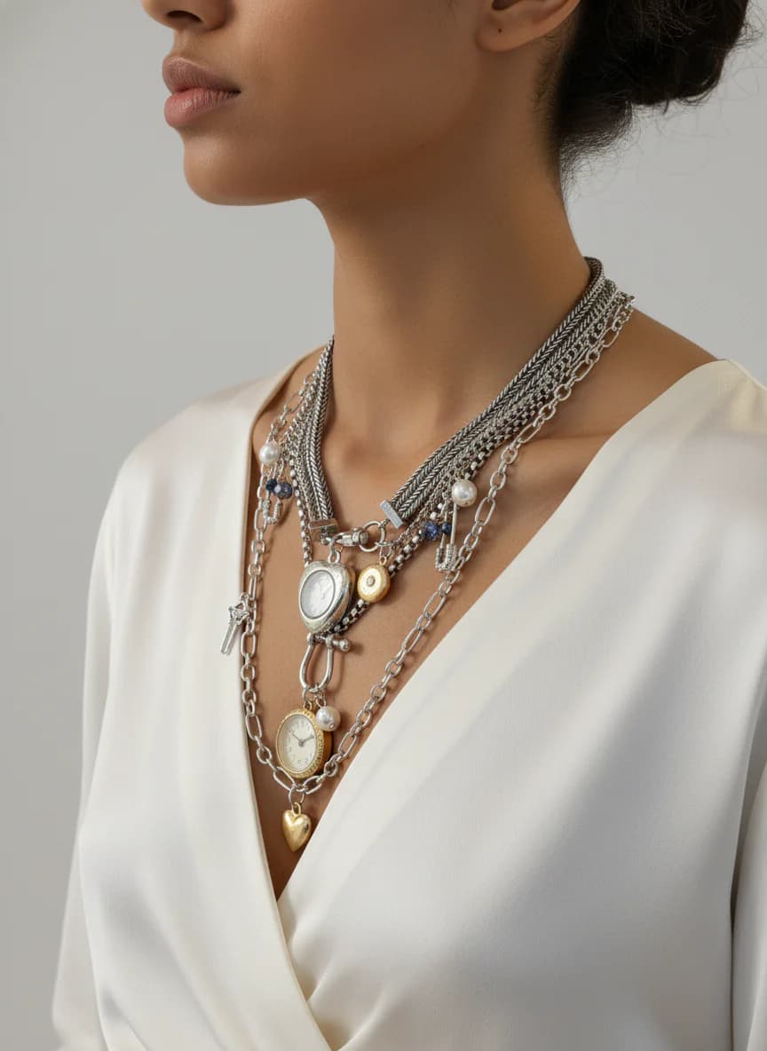 Çok Katlı Gümüş Altın Charm Detaylı Vintage Kolye