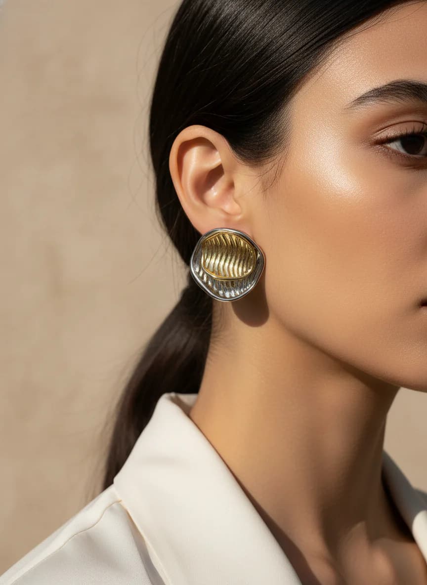 Çift Renk Altın Gümüş Görünümlü Kabartmalı Küpe