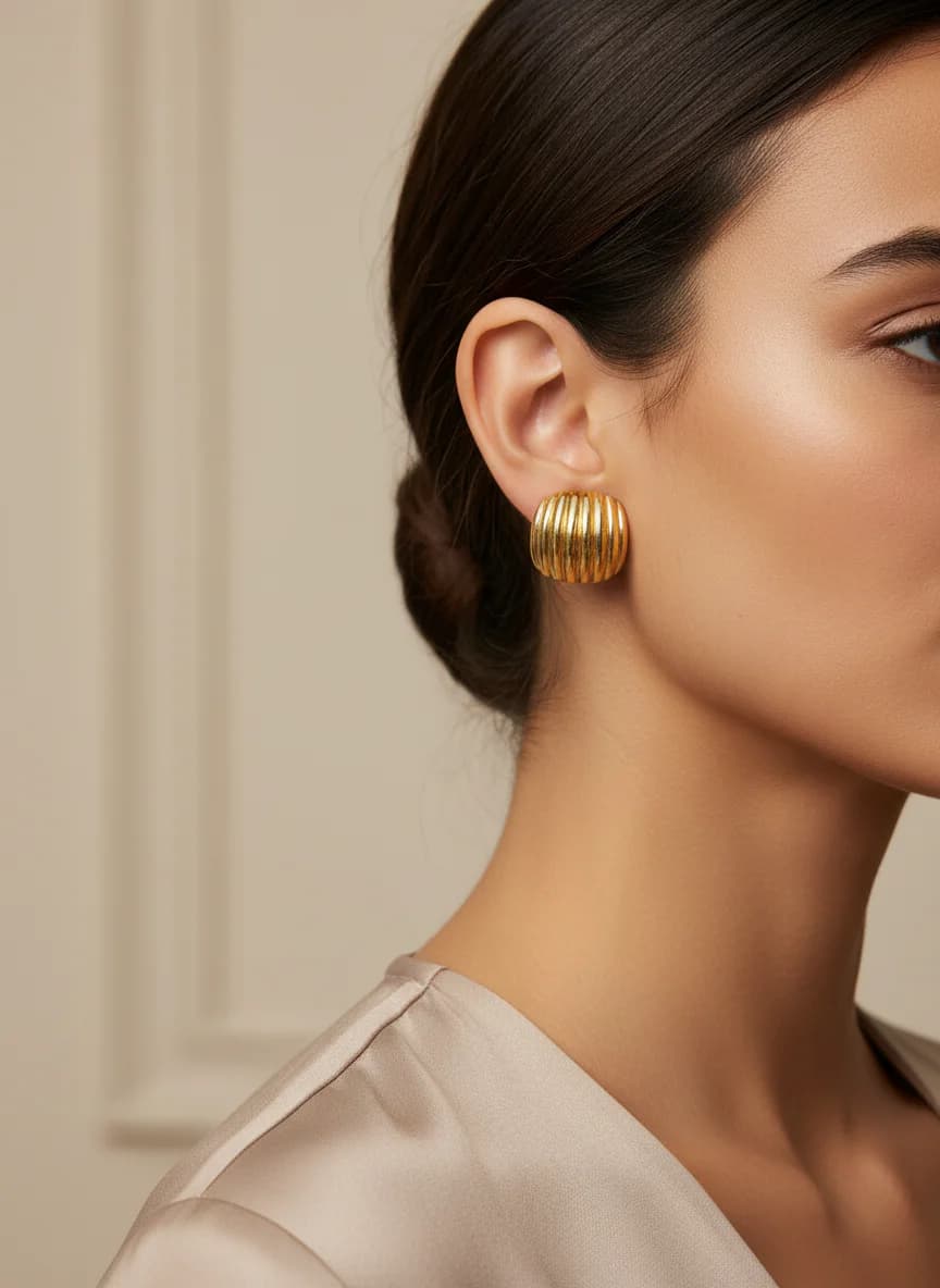 Bombeli Oluklu Altın Rengi Şık Kadın Küpe