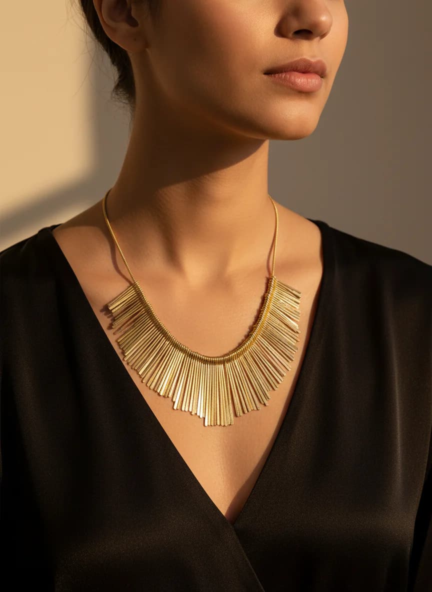 Modern Altın Tonlu Saçaklı Tasarım Bib Kolye