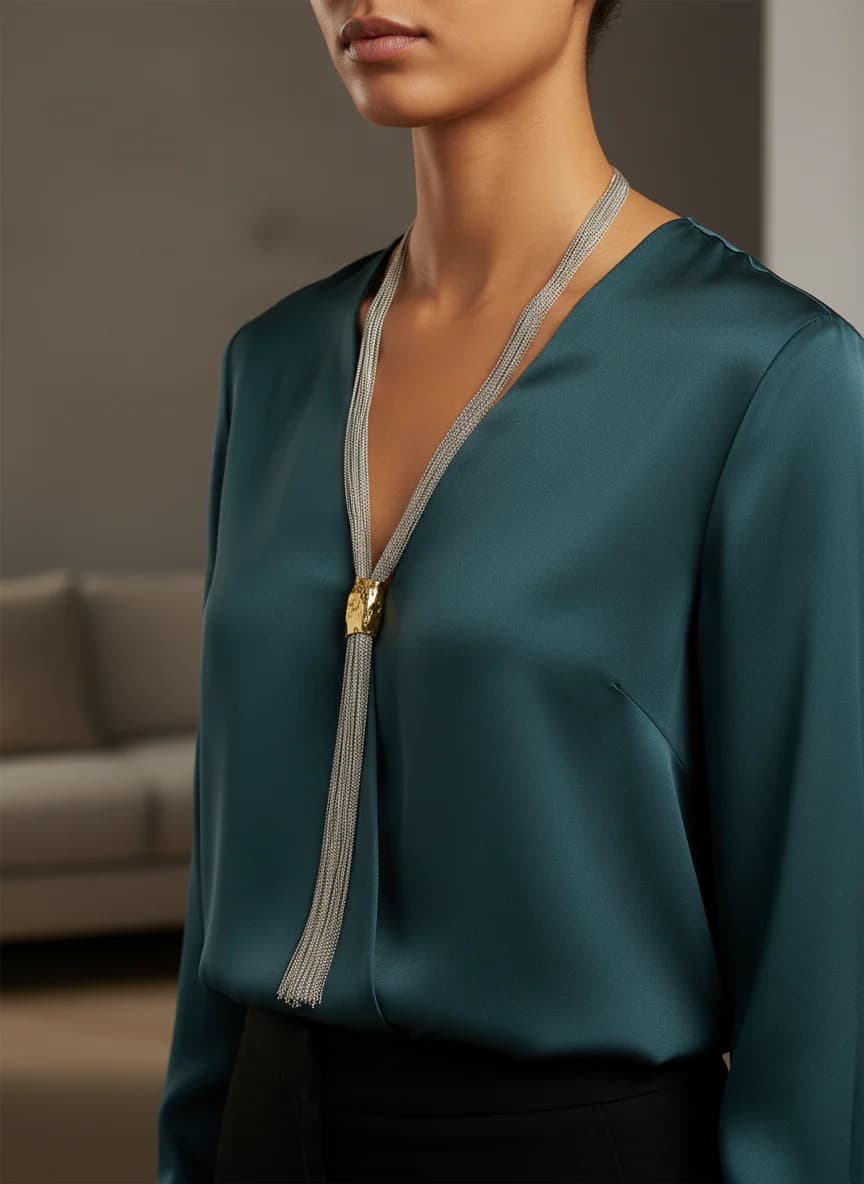 Püsküllü Altın Detaylı Çoklu Gümüş Zincir Kolye