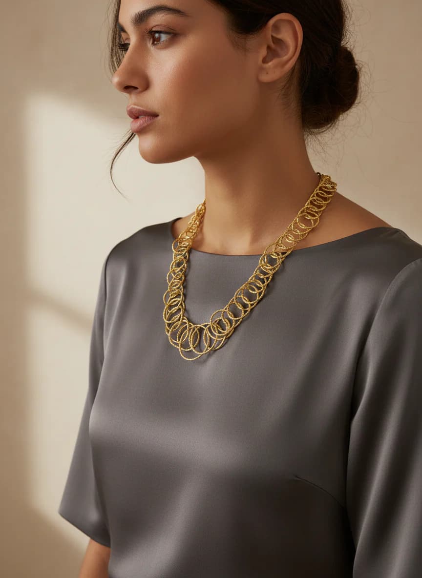 Modern Dokulu Halkalı Altın Kolye - Geniş Choker