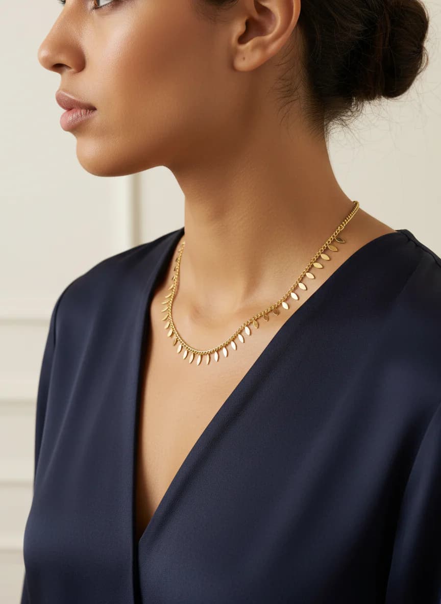 Altın Renk Pul Detaylı Zarif Zincir Kolye