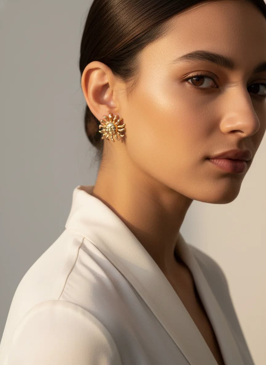 Altın Rengi Güneş Yüz Figürlü Şık Kadın Küpe