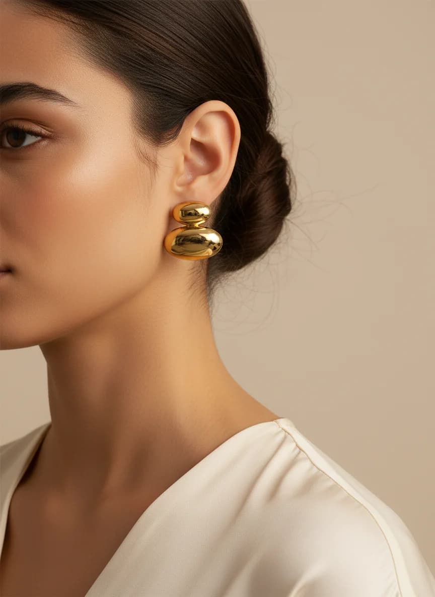 Modern Altın Renkli İkili Oval Dangle Küpe