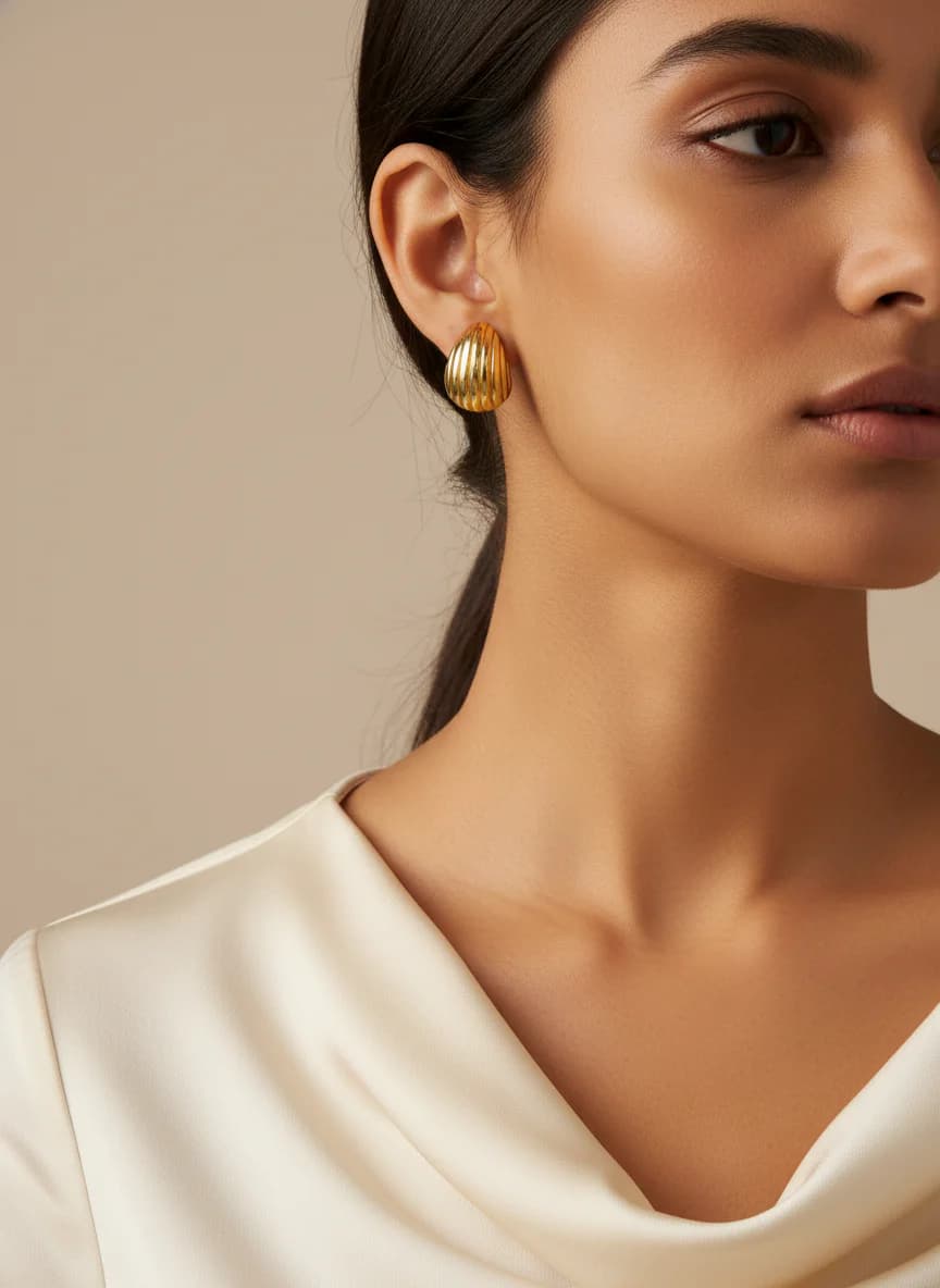 Altın Rengi Kruvasan Küpe | Bombeli Oluklu Şık Tasarım