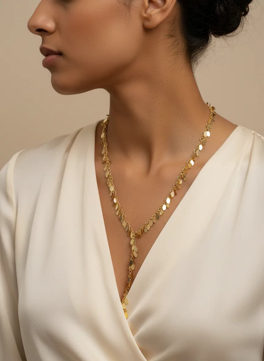 Zarif Altın Pullu Y Tasarım Lariat Kolye