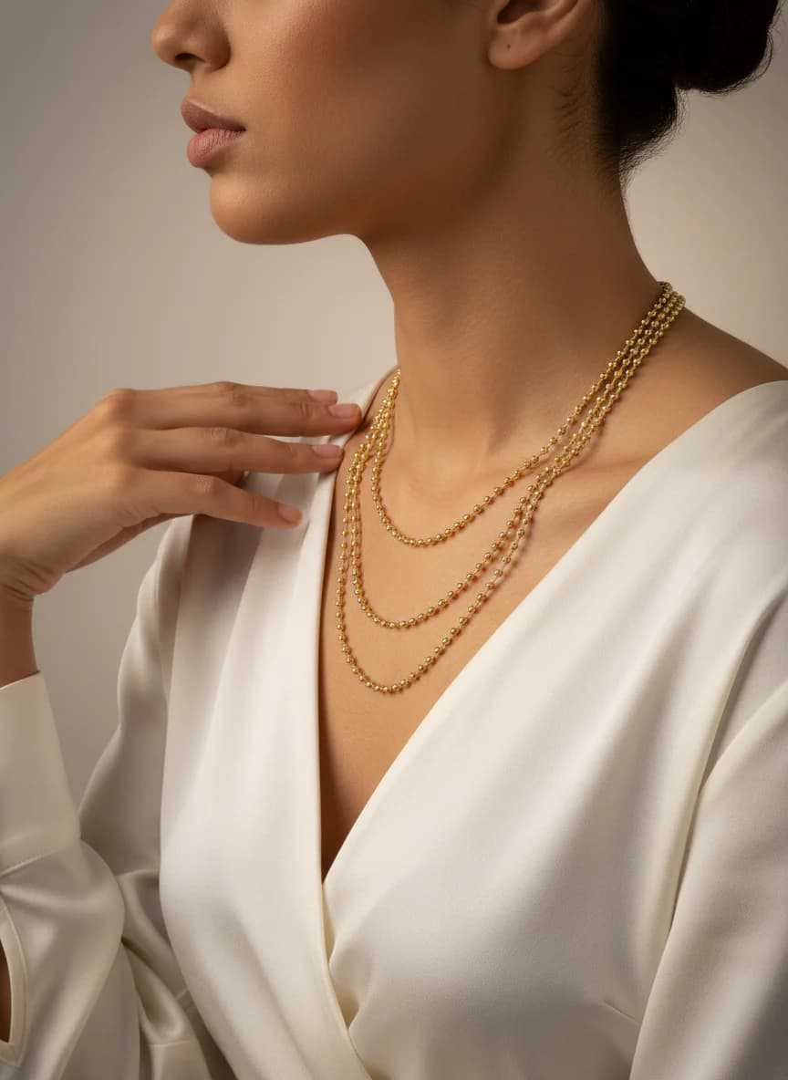 Üç Katlı Altın Rengi Facetli Topçuk Zincir Kolye