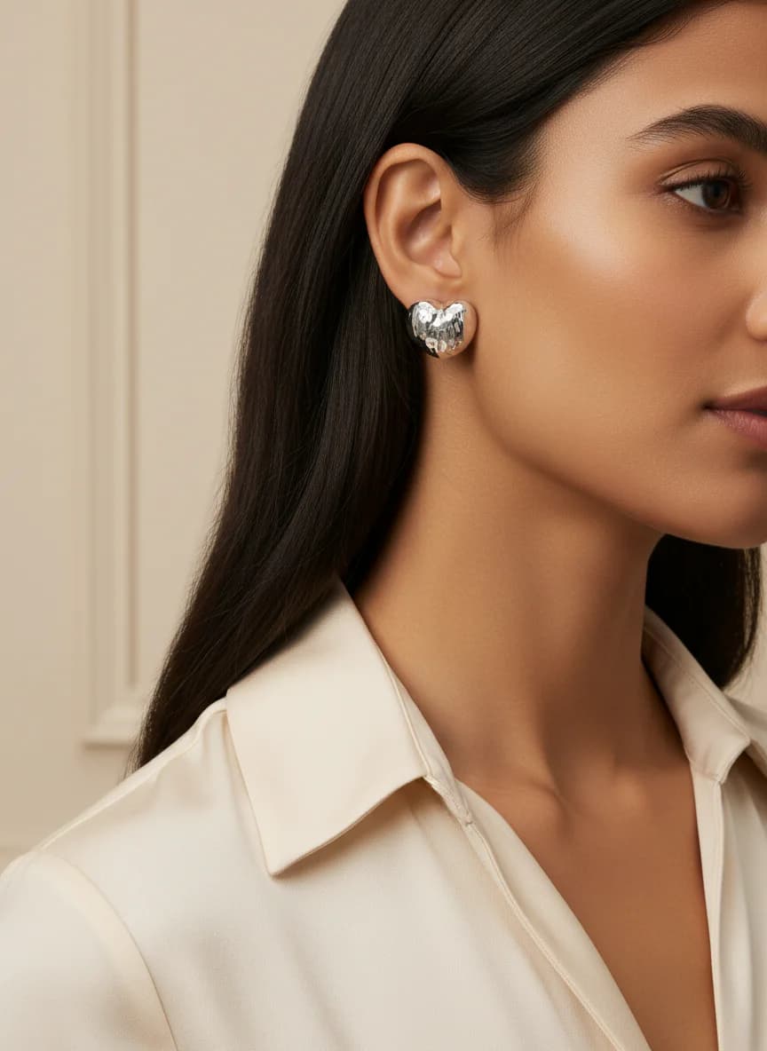 Kalp Şekilli Dövme Dokulu Gümüş Renk Küpe