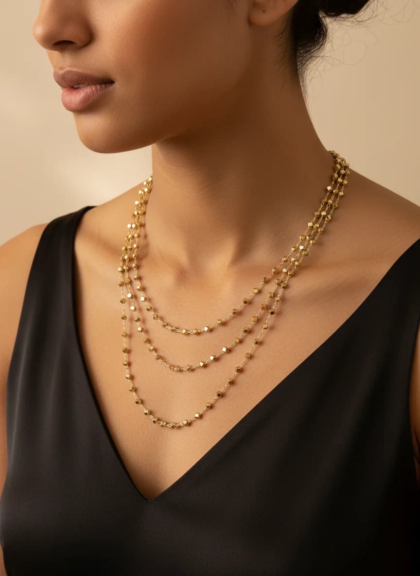 Üç Sıra Katmanlı Altın Rengi Küp Boncuk Kolye