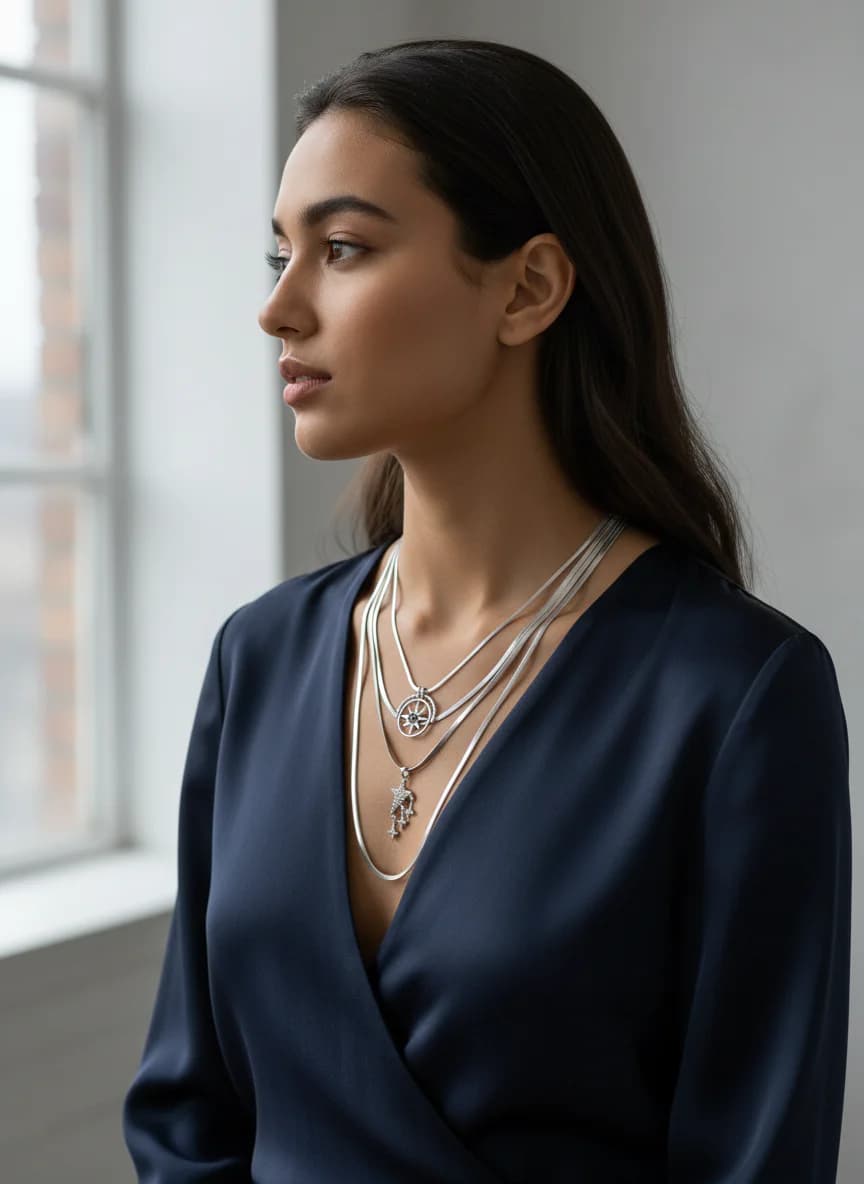 Gümüş Renk Yıldız Detaylı Katlı Kolye Seti - Parıltılı