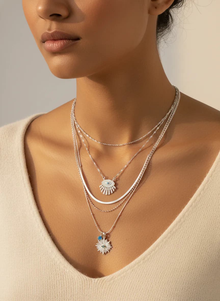 Gümüş Rengi Katmanlı Nazar ve Güneş Kolye Kombini