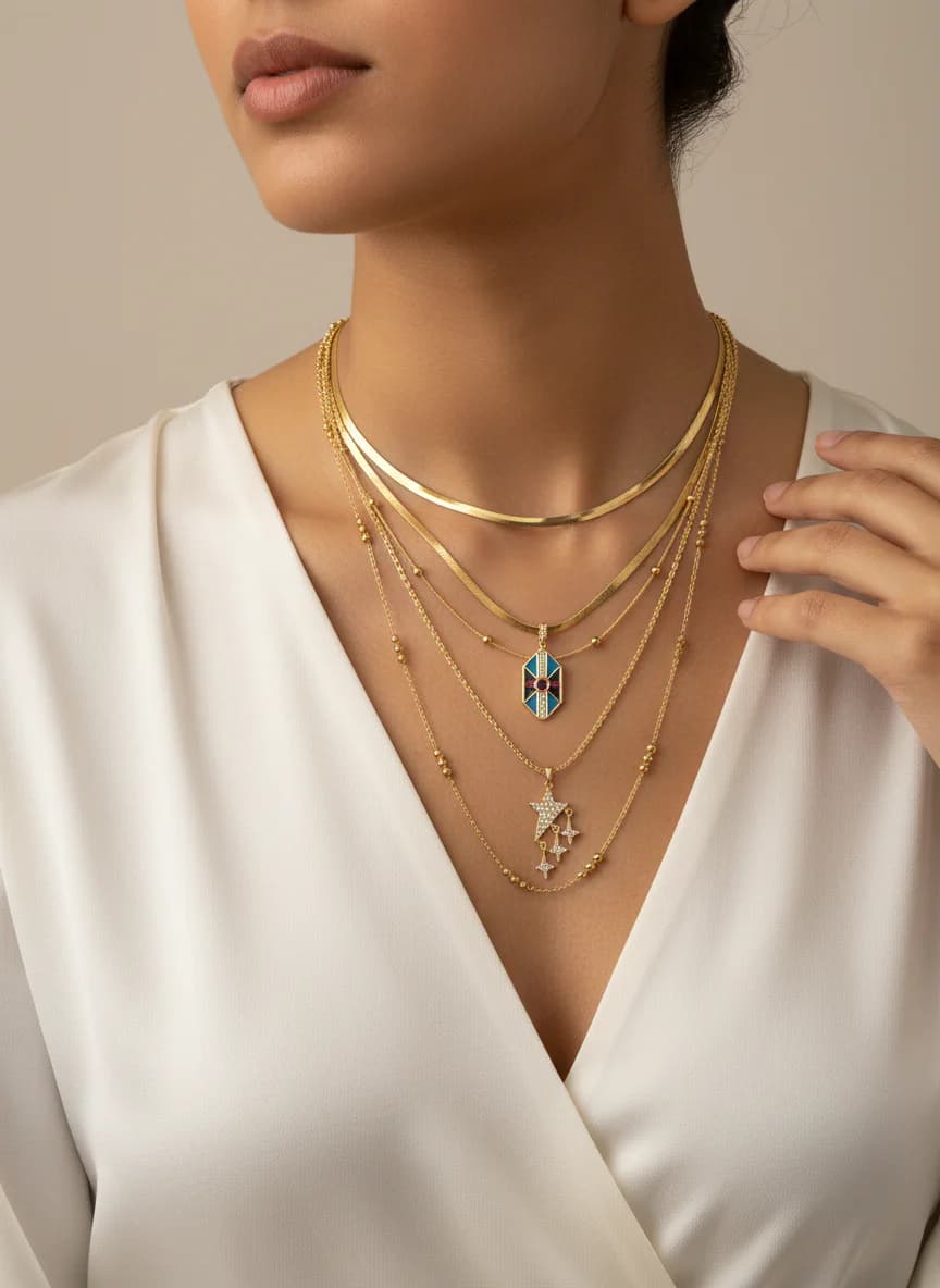 Gold Katmanlı Geometrik ve Yıldız Kolye Seti