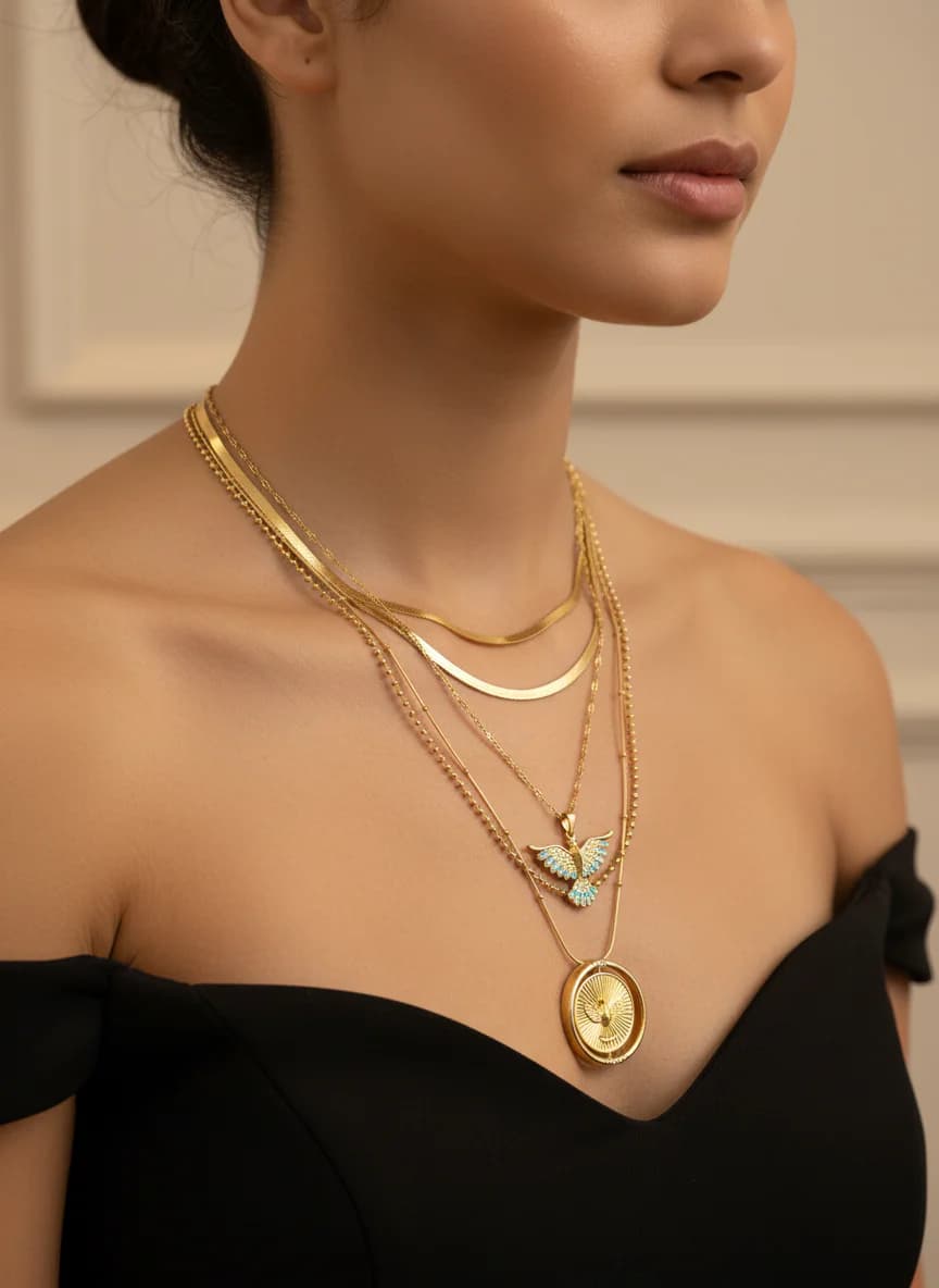 Zirkon Taşlı Turkuaz Kuşlu Katmanlı Altın Kolye Seti