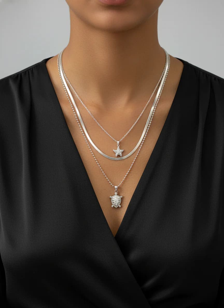 Gümüş Renkli Katmanlı Deniz Temalı Zirkon Kolye Seti