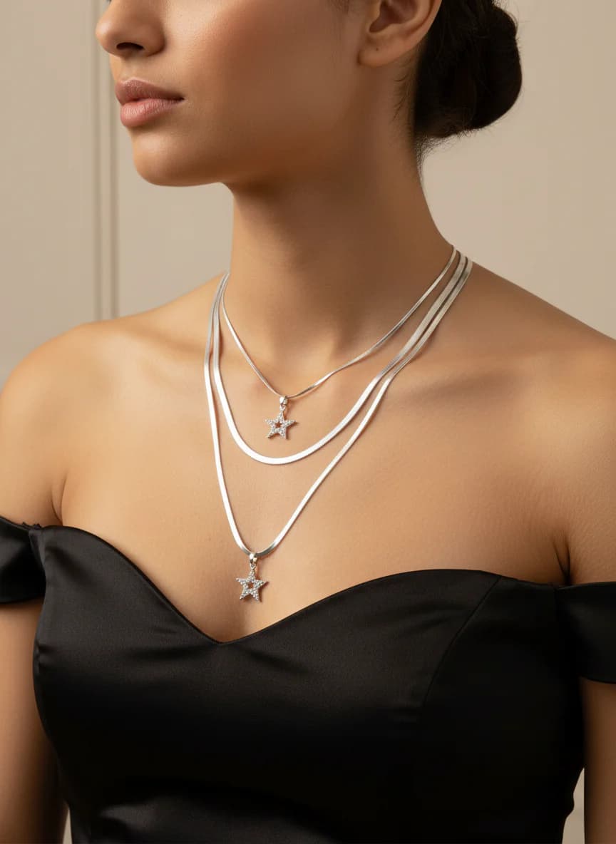 Gümüş Tonu Taşlı Yıldız Katmanlı Zincir Kolye Seti