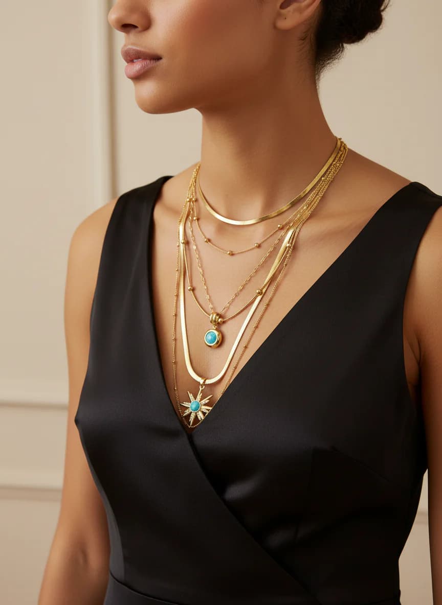 Katmanlı Altın Rengi Turkuaz Taşlı Kolye Seti