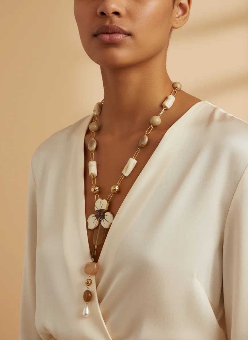 Çiçek Motifli Doğal Taş ve Barok İnci Uzun Kolye
