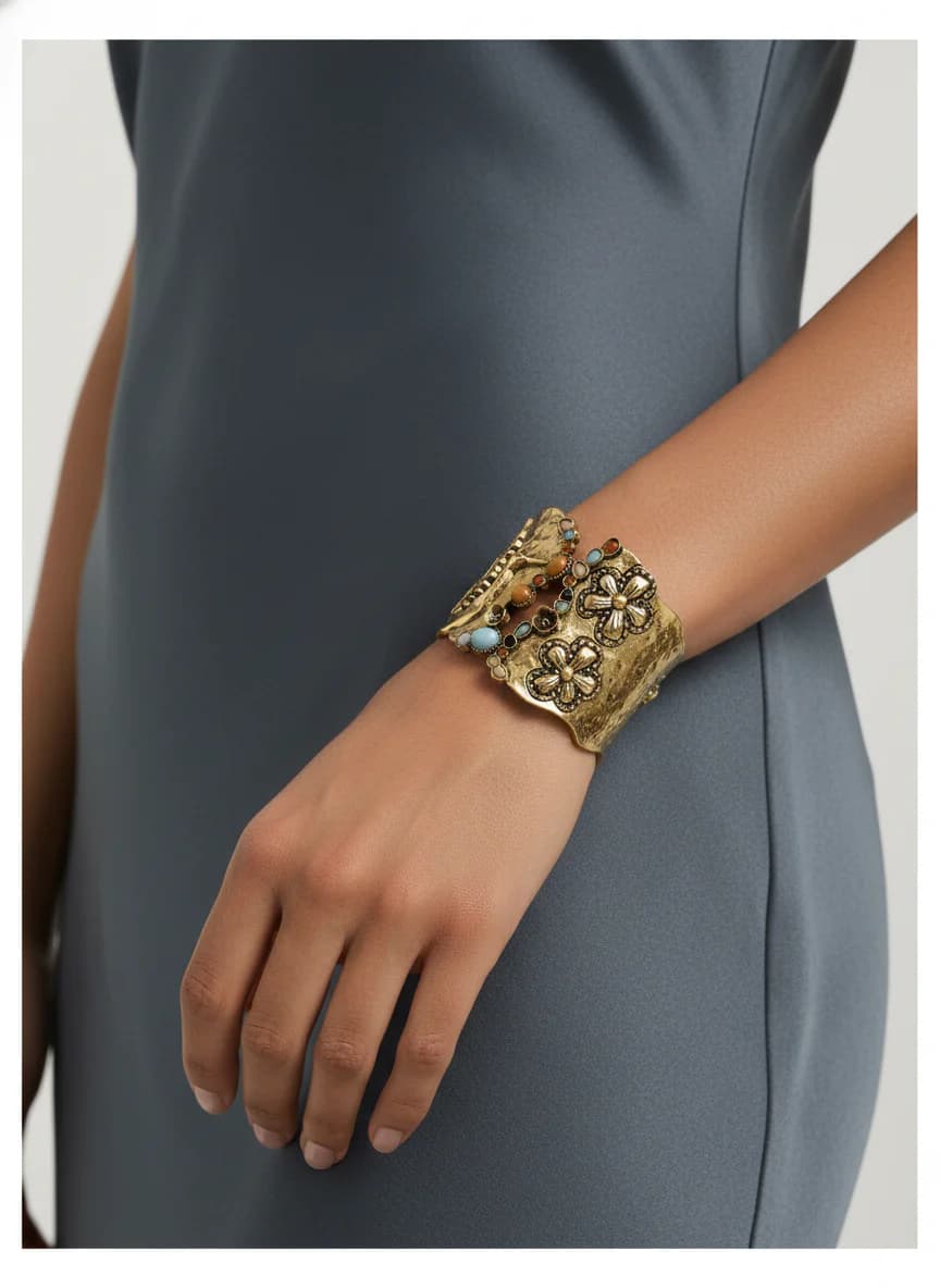 Etnik Motifli Altın Rengi Doğal Taşlı Kelepçe Bileklik
