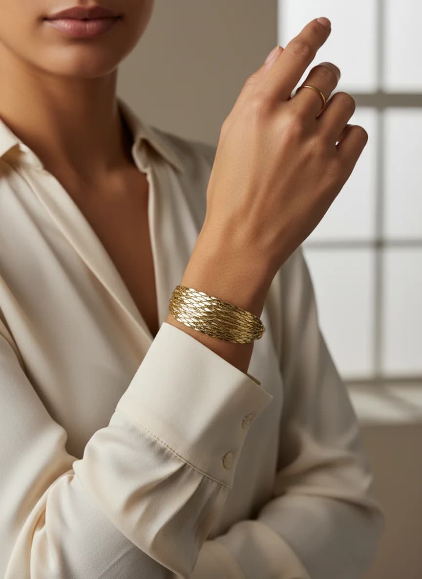 Şık Geniş Dokulu Altın Tonlu Kelepçe Bileklik