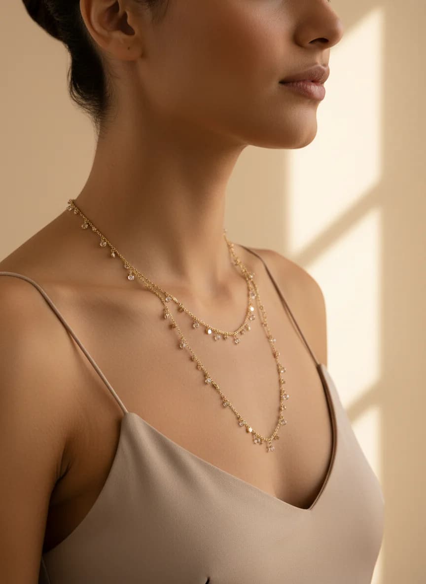 Uzun Altın Rengi Pul ve Kristal Detaylı Zincir Kolye