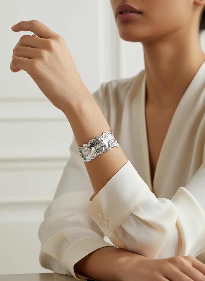 Gümüş Renk Dokulu Geniş Kelepçe Bileklik Modern Tasarım