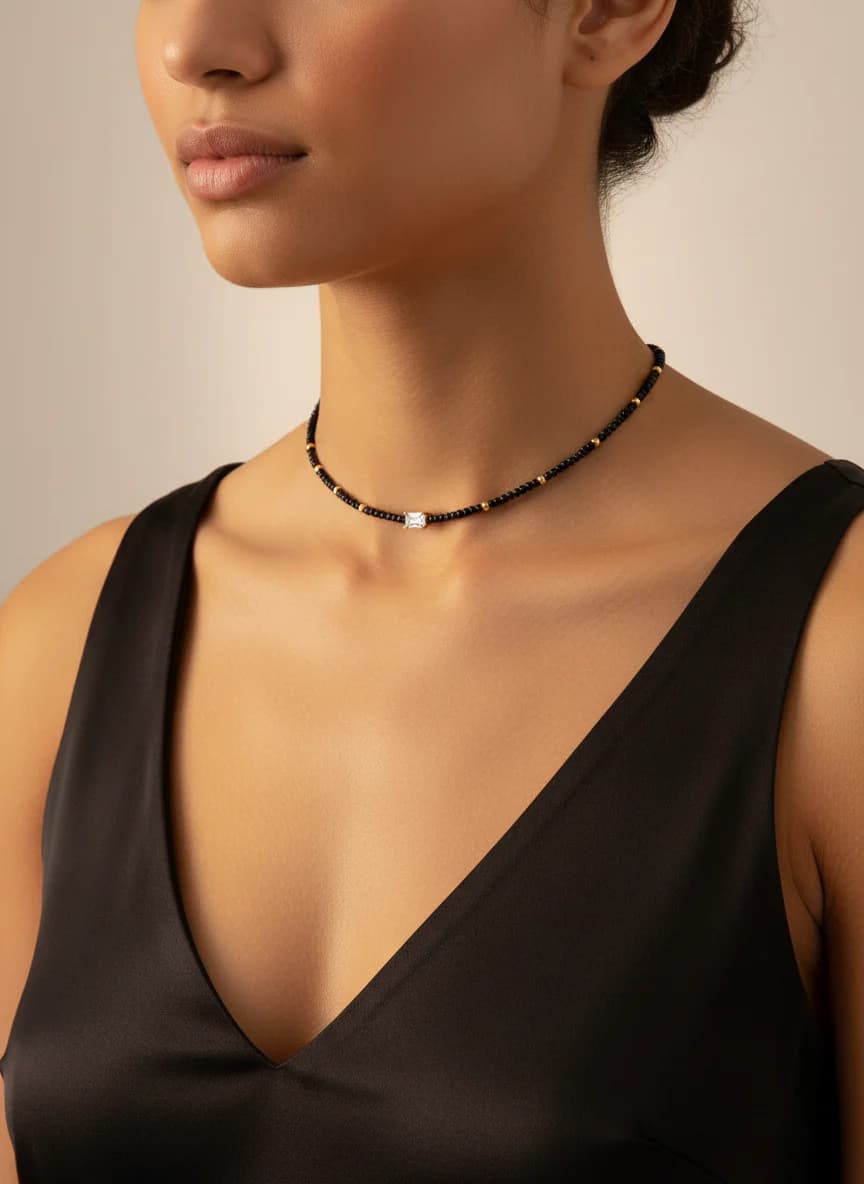 Siyah Boncuklu Altın Detaylı Zarif Taşlı Kolye