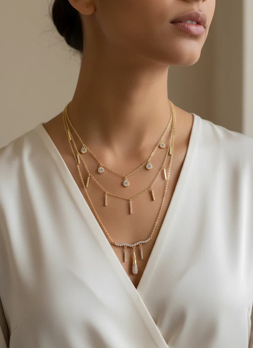 Altın Kaplama Çok Katlı Zirkon Taşlı Kolye | Şık & Zarif