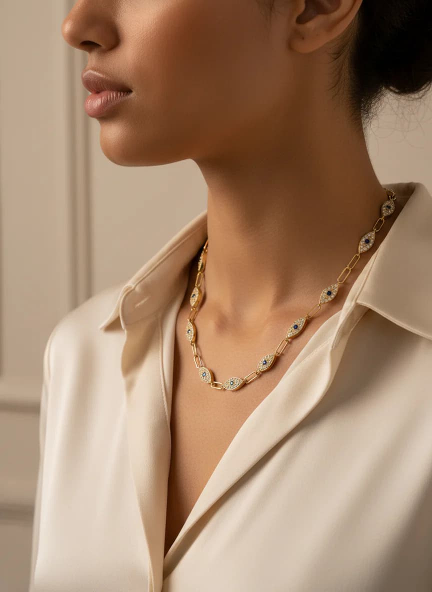 Altın Rengi Nazar Gözü Taşlı Zincir Kolye