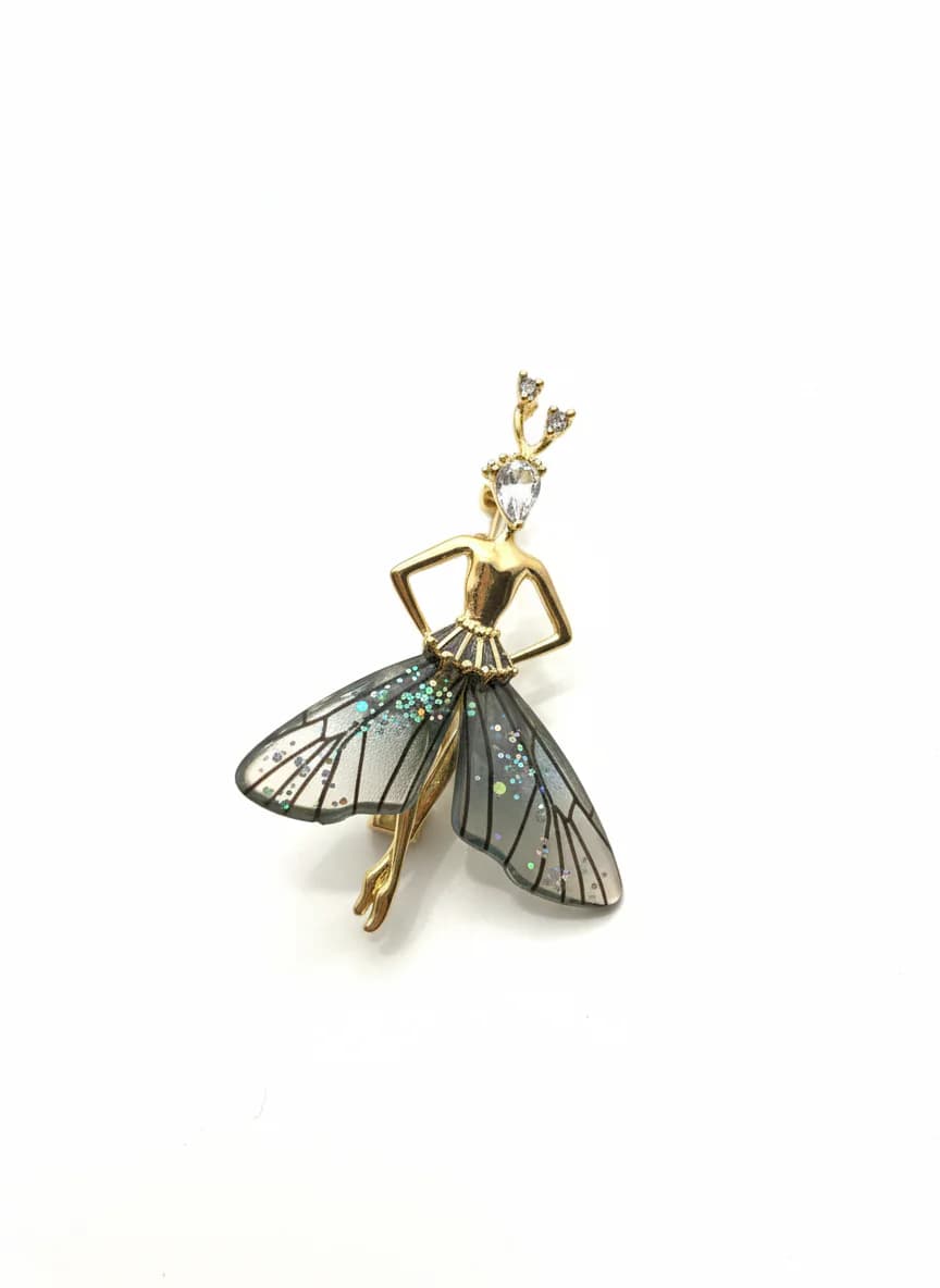 Kanatlı Peri Balerin Broş - Altın Renkli Taşlı Parıltılı