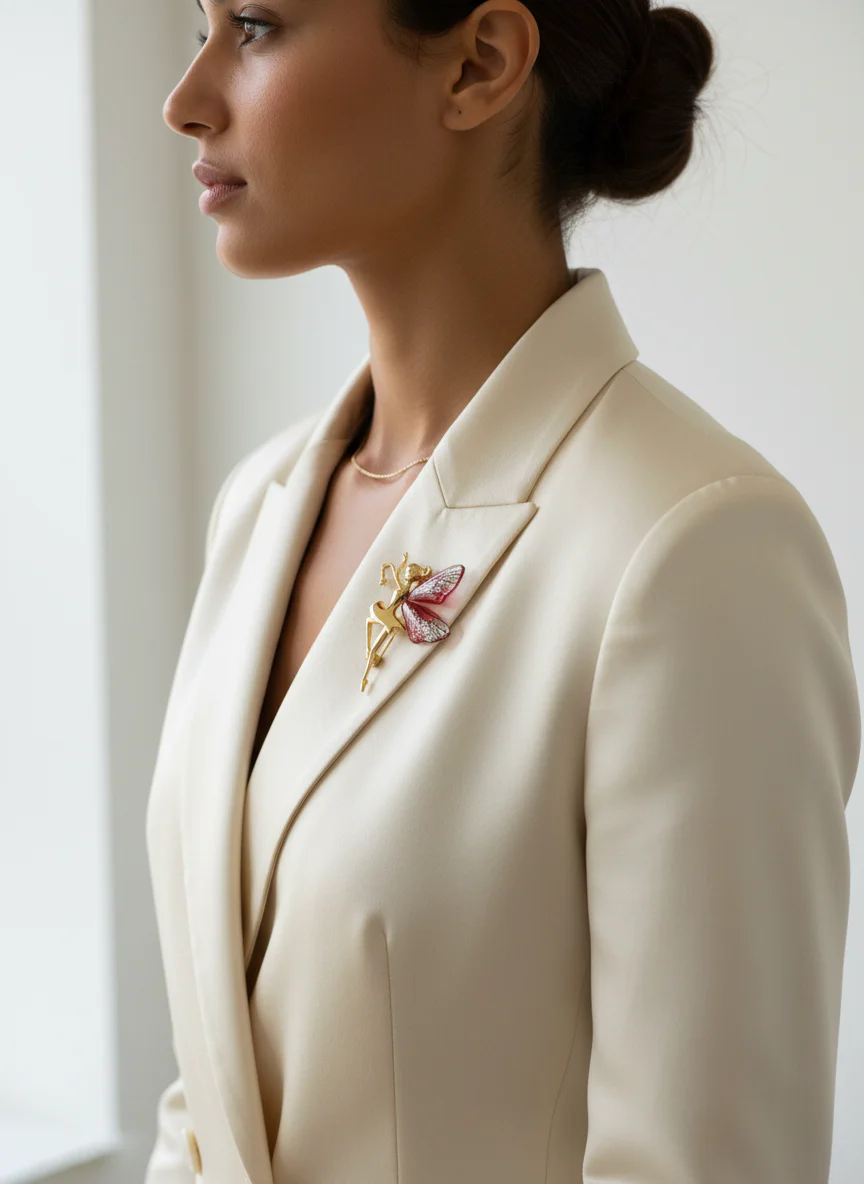 Altın Tonlu Pırıltılı Kanatlı Peri Balerin Broş