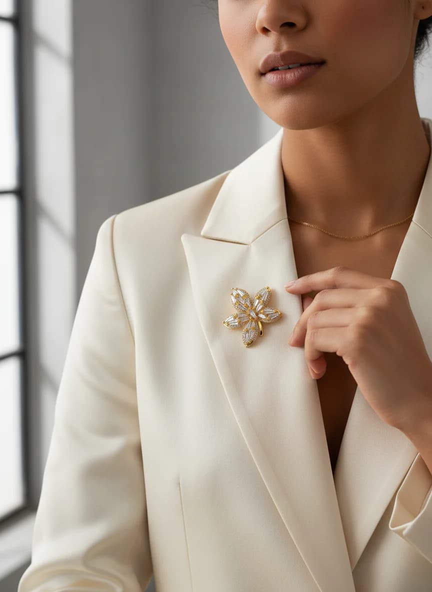 Işıltılı Zirkon Taşlı Altın Çiçek Broş