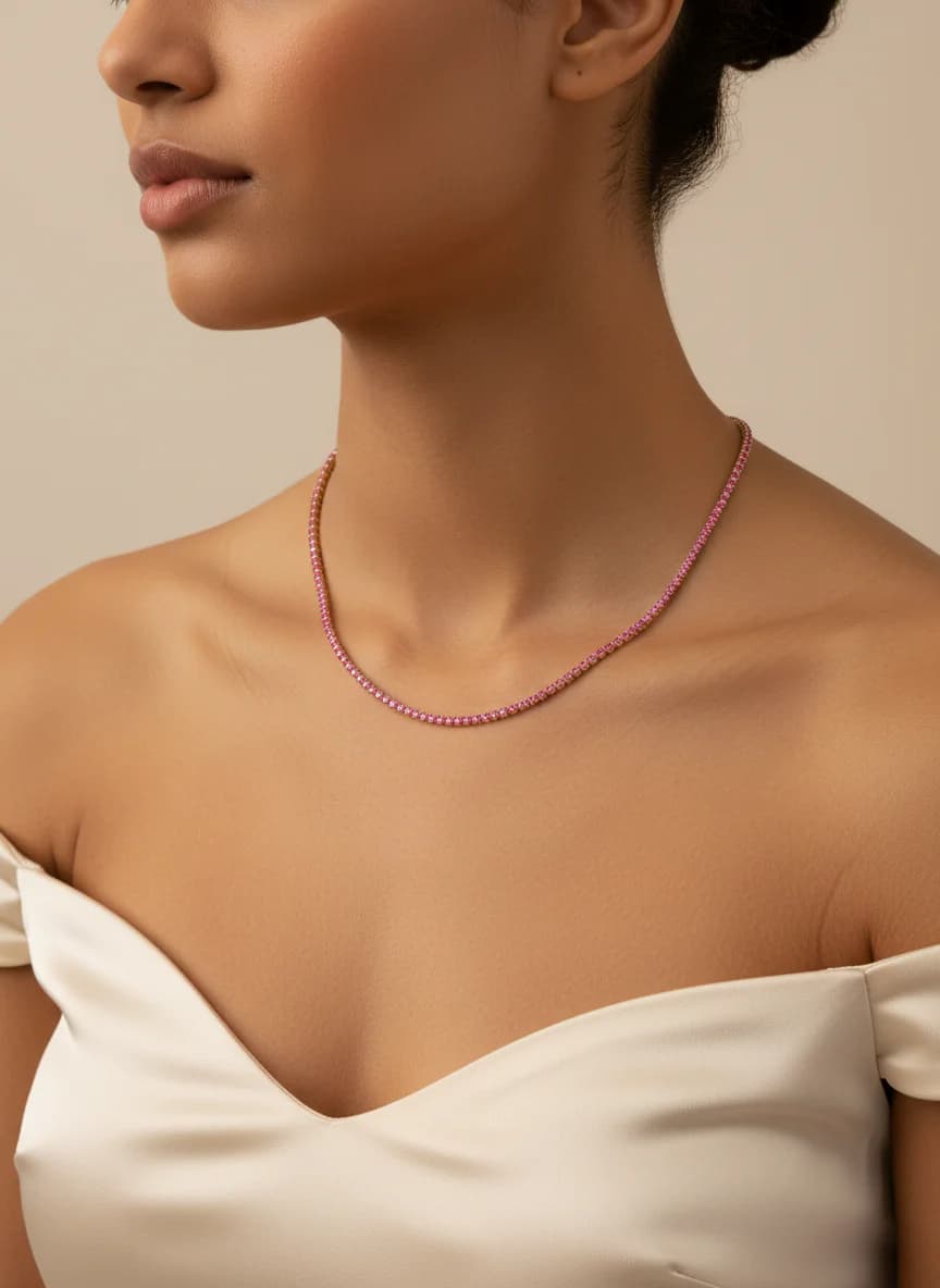 Parlak Pembe Zirkon Taşlı Rose Altın Rengi Kolye