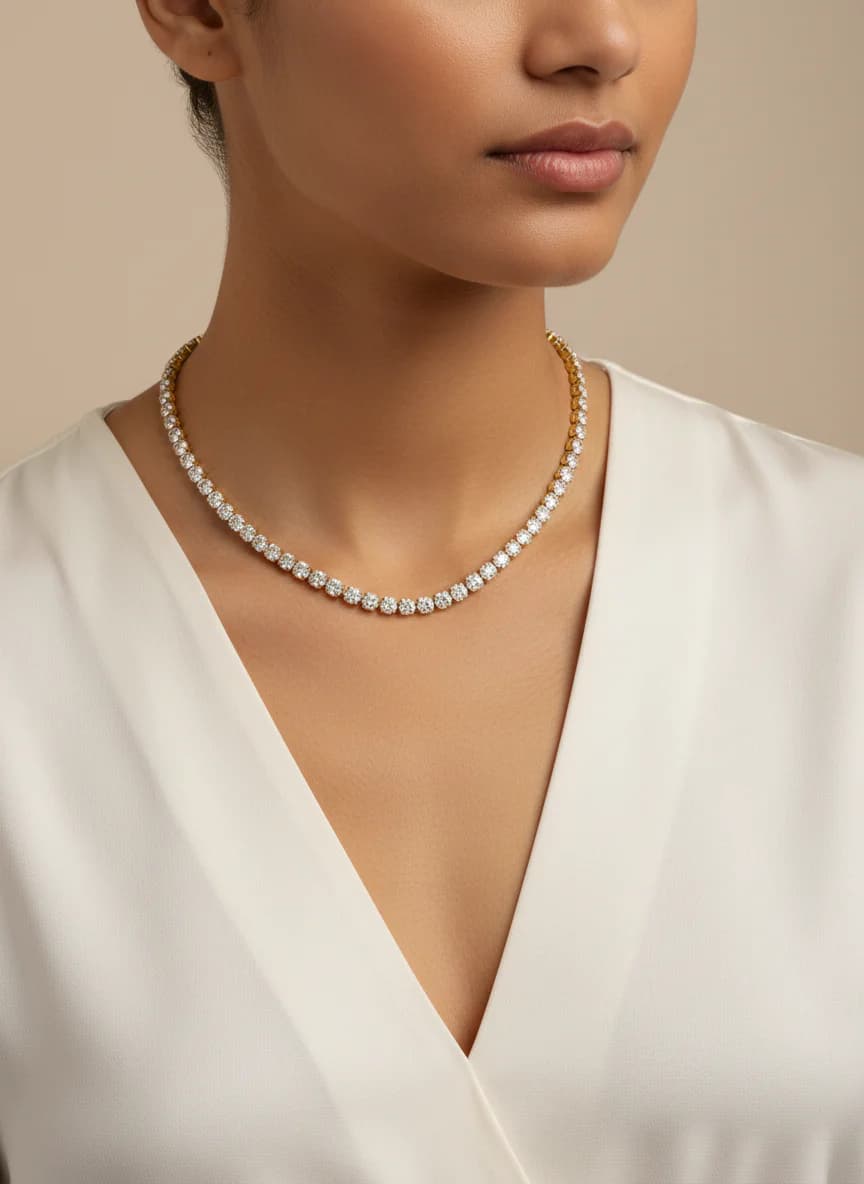 Altın Kaplama Şık Sıra Taşlı Pırlanta Görünümlü Kolye