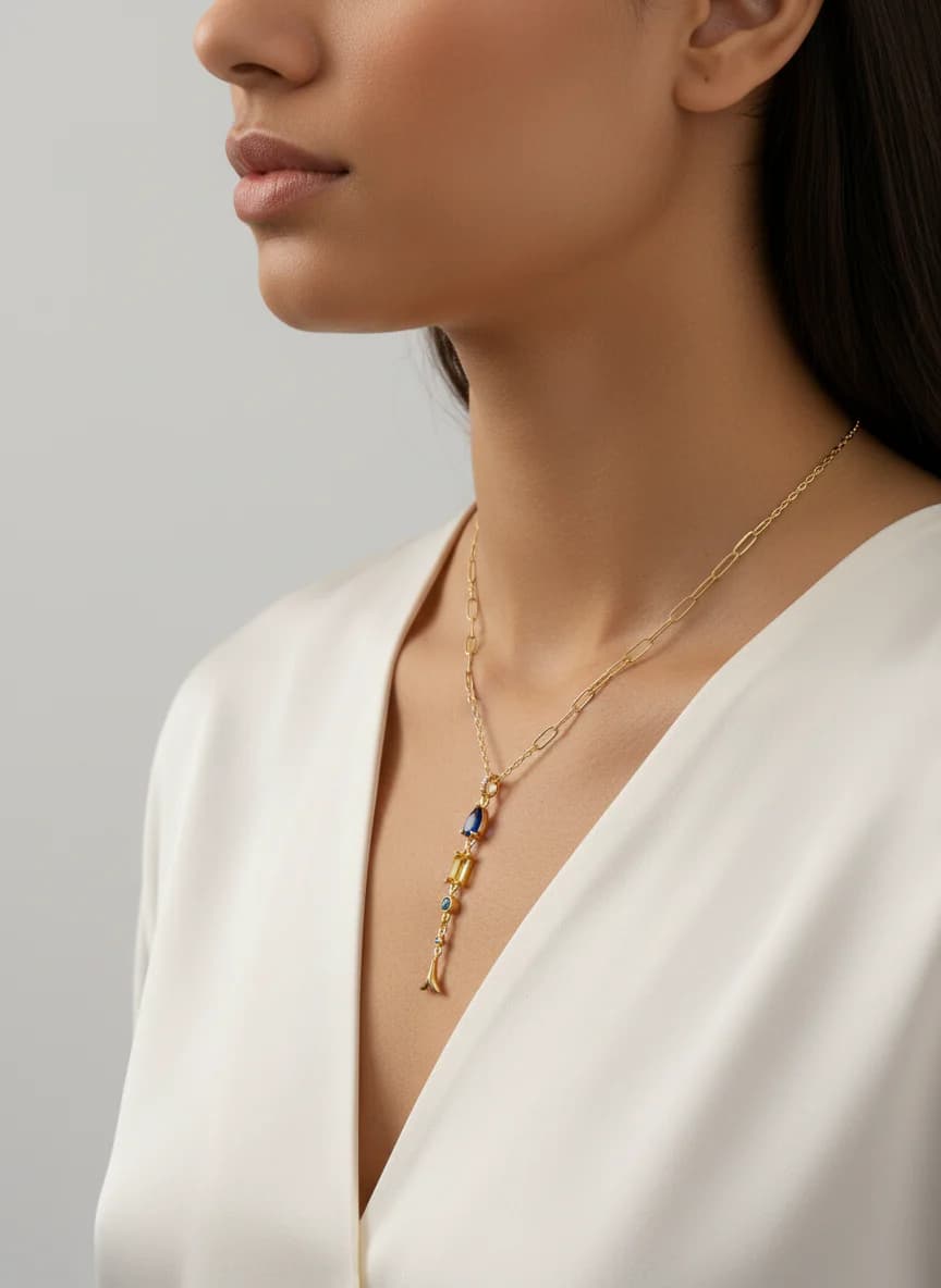 Asimetrik Zincir Renkli Taşlı Gold Kaplama Uzun Kolye