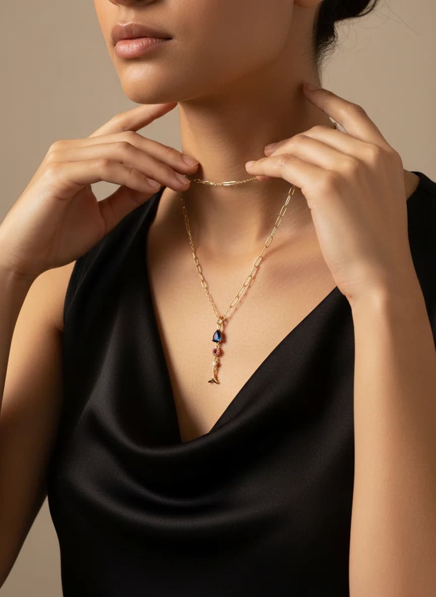 Asimetrik Altın Rengi Zincirli Renkli Taşlı Kolye