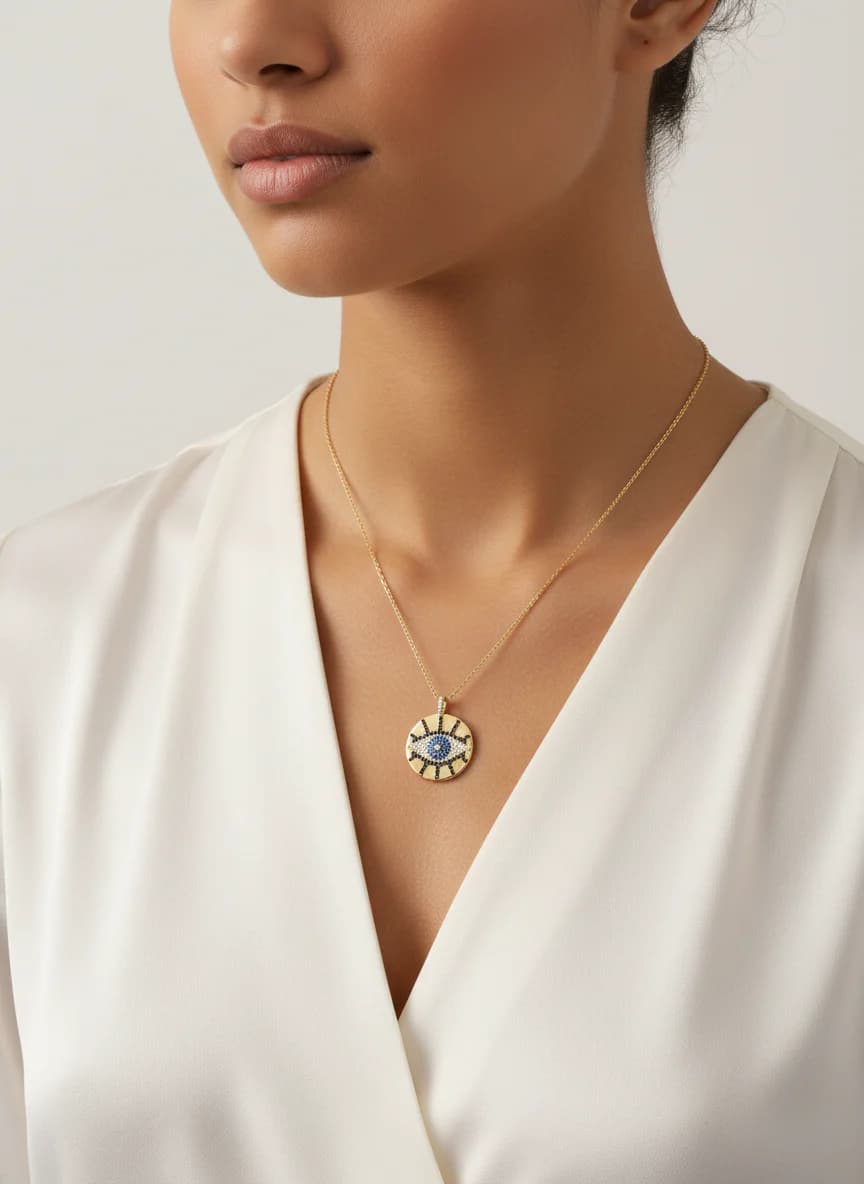 Altın Renk Taşlı Nazar Göz Kolye | Şık Yuvarlak Kolye