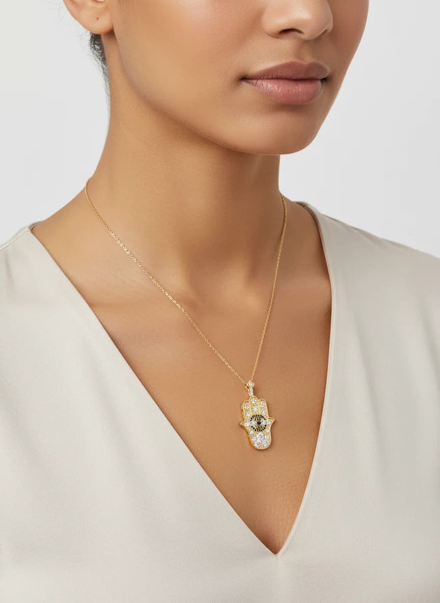 Altın Rengi Zirkon Taşlı Hamsa El Nazar Kolye