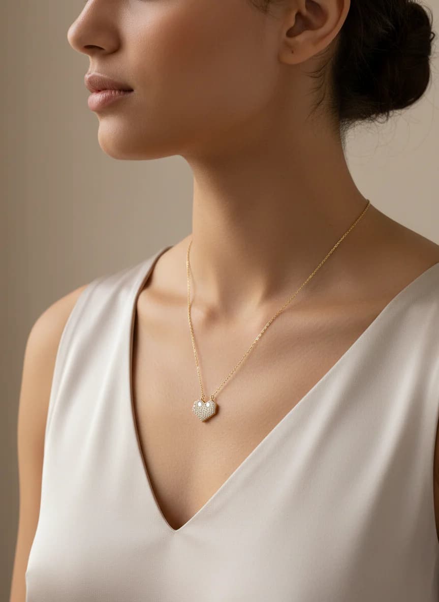 Altın Renk Geometrik Kalp Zirkon Taşlı Kolye Kadın