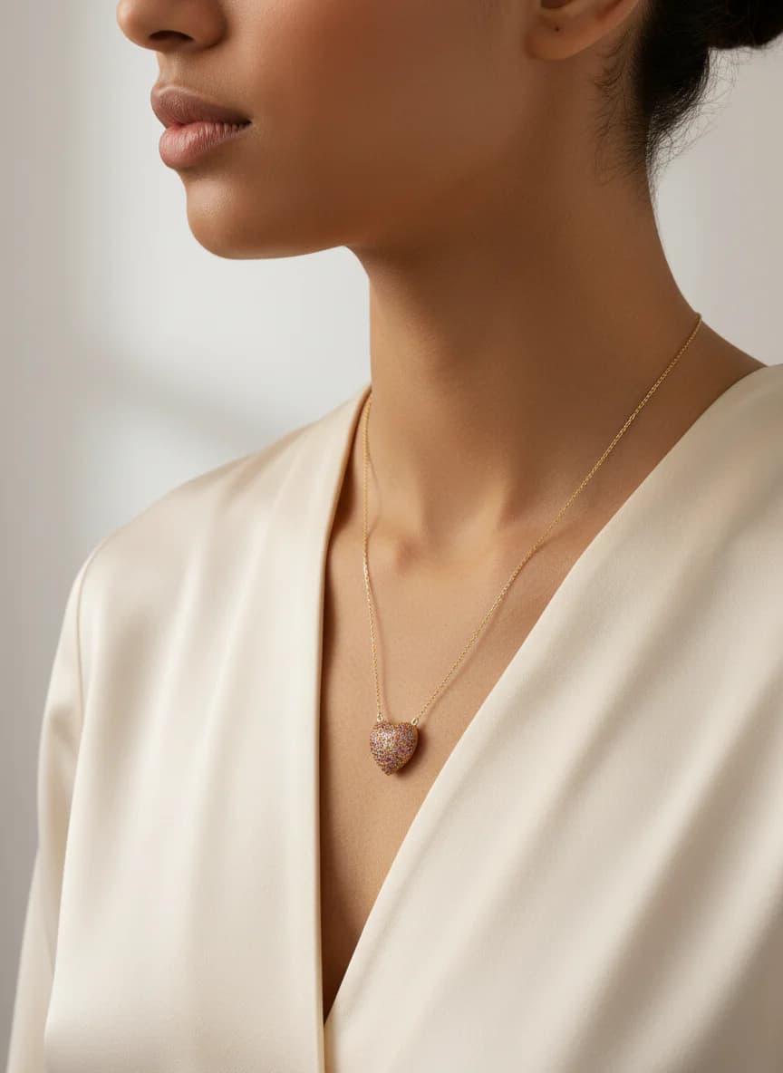 Altın Rengi Çok Renkli Taşlı Kalp Kolye