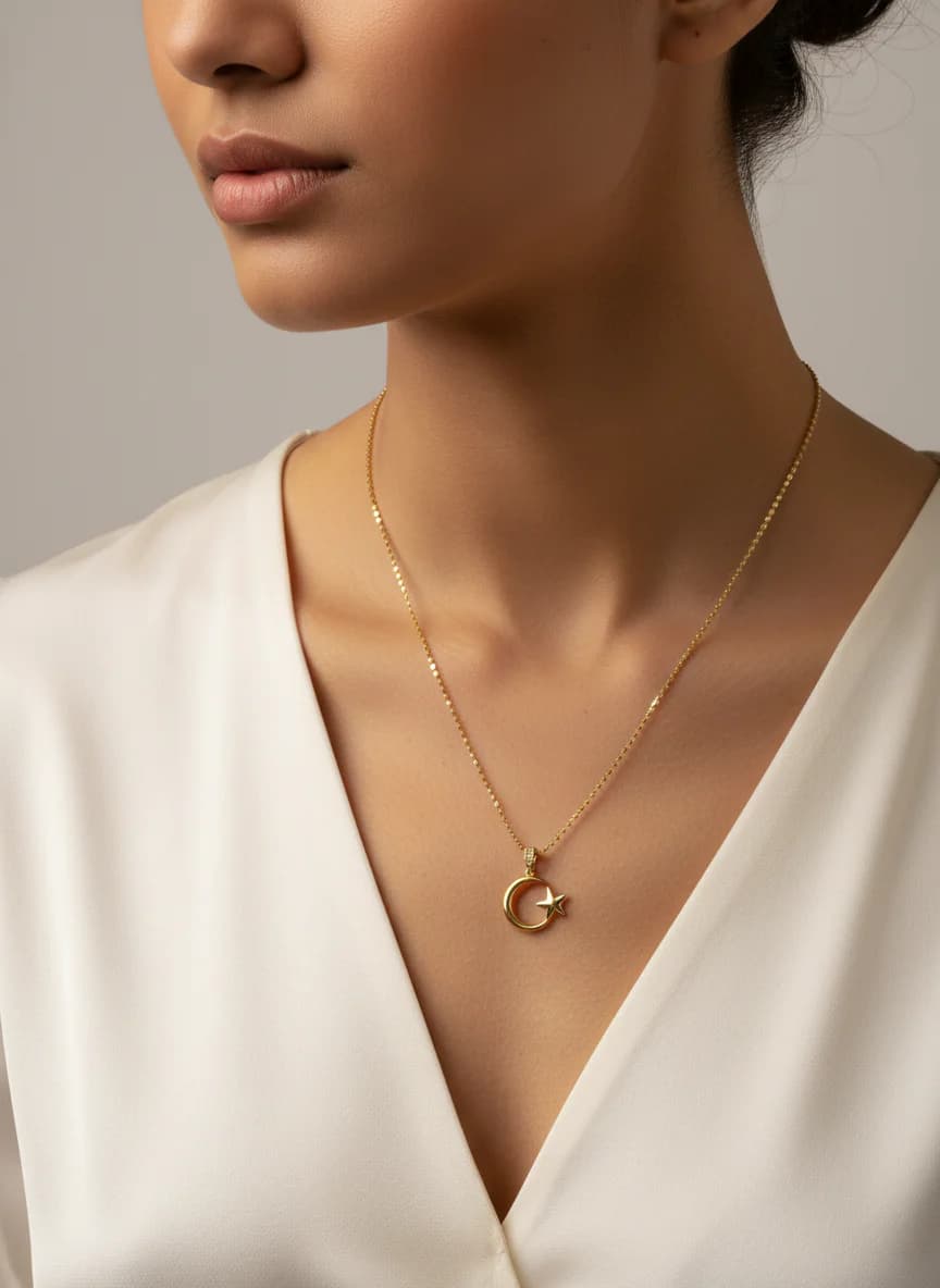 Ay Yıldız Altın Renk Uzun Zincir Kolye