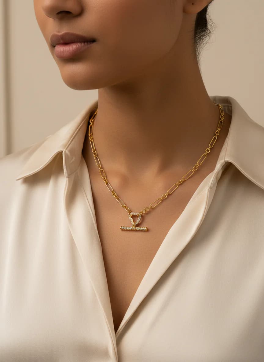 Altın Zincir Kalp Toggle Kilitli Taşlı Kadın Kolye