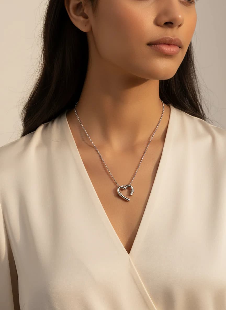 Modern Taşlı Gümüş Kalp Kolye | Top Zincir